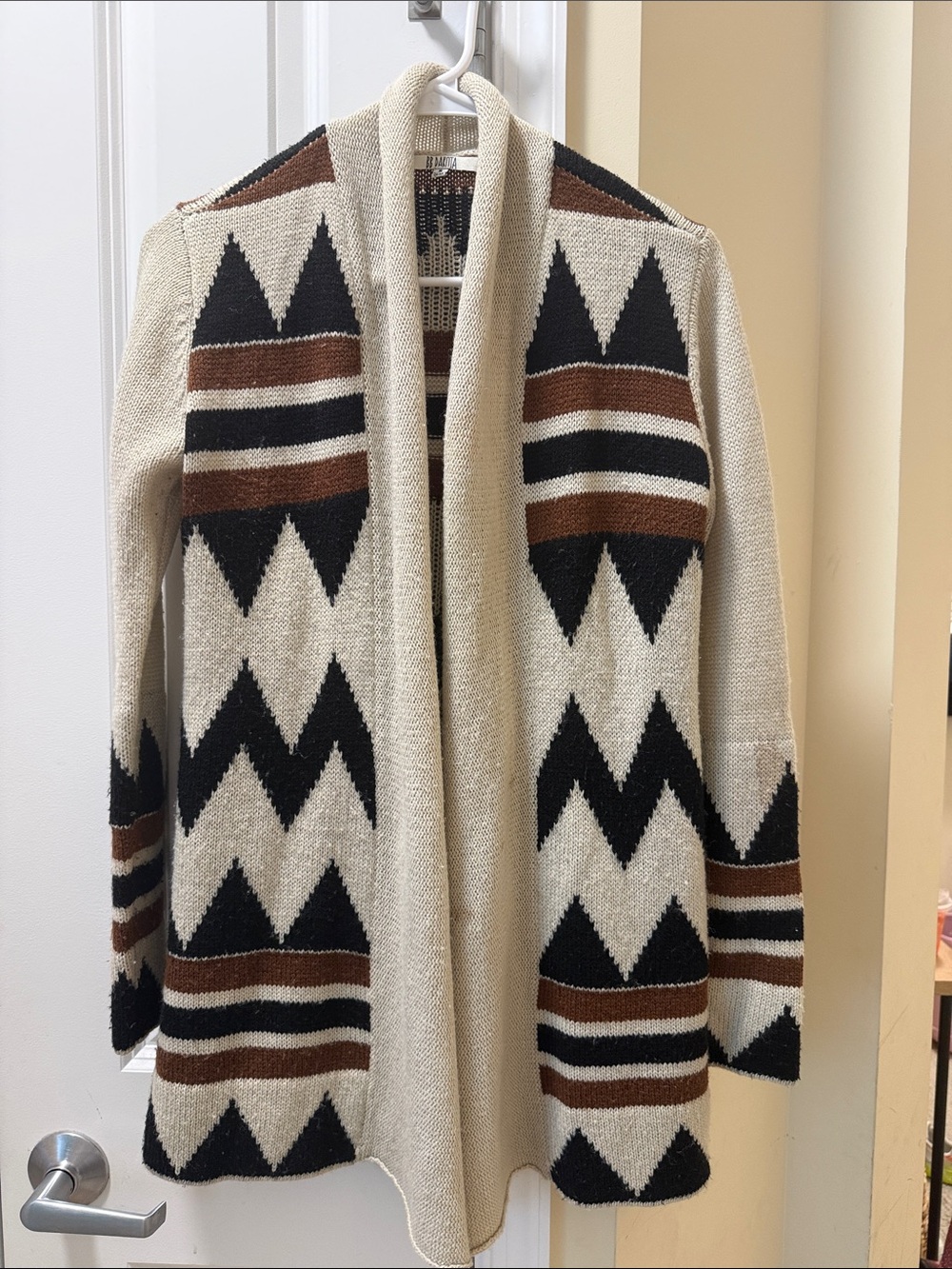 BB Dakota Cream, Black & Brown Geometric Open-Front Cardigan